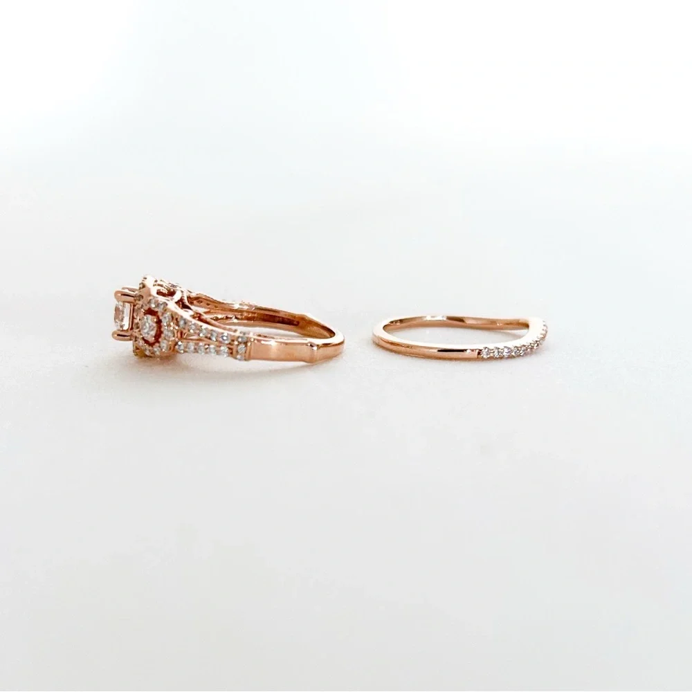 Rose Gold 14K Three Stone Diamond Halo Pave Engagement Ring Wedding Band Set - Picture 8 of 13